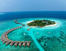 Aerial View, Maldives, North Malé Atoll, Indian Ocean, Thulhagiri Island Resort with Water Bungalows